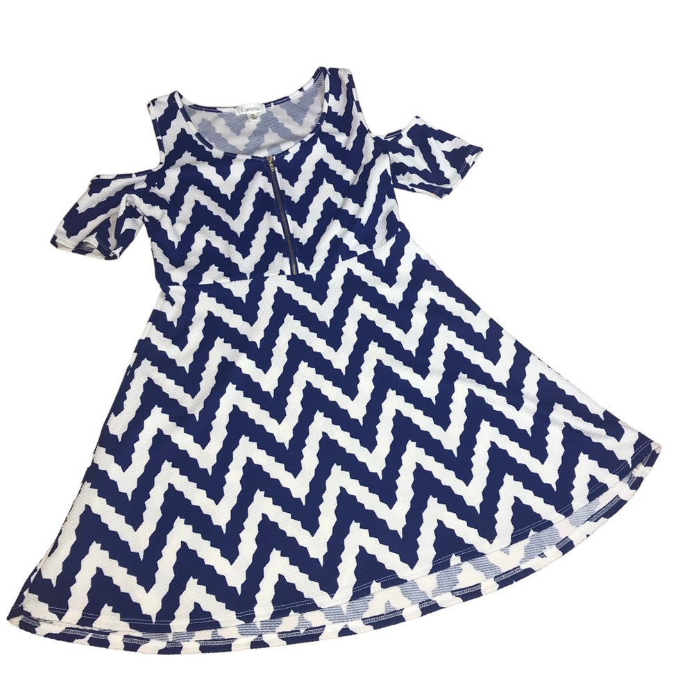 Espresso Cold Shoulder Blue White Chevron Print Short Dress - Medium - Picture 6 of 12